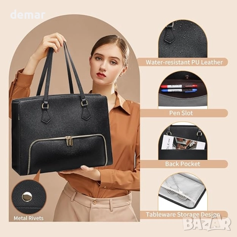 Чанта за обяд Jetviivid с отделение за лаптоп за жени, работна чанта от PU кожа с презрамка, черна, снимка 6 - Чанти - 51734553