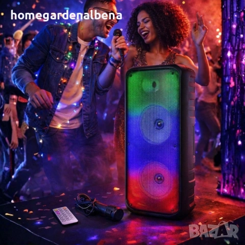 Безжична RGB тонколона 2×8 инча 1200W Bluetooth батерия микрофон дистанционно FM, снимка 5 - Тонколони - 54166041