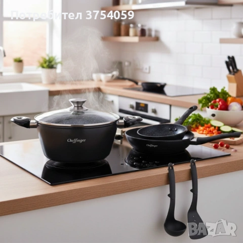 Комплект съдове за готвене 6 части Cheffinger – тенджера 24 см, тигани 24 и 28 см, за индукция