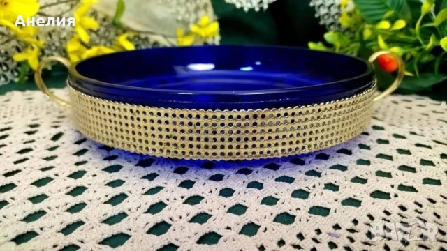 Купа цветно стъкло със златен обков , снимка 3 - Чинии - 54187357