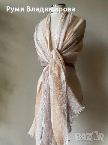 Бежов шал Zara от лен, снимка 3 - Шалове - 52770415