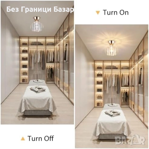 Нов Златист кристален таванен полилей за антре балкон коридор кухня спалня E27 модерен плафон, снимка 5 - Полилеи - 54197867