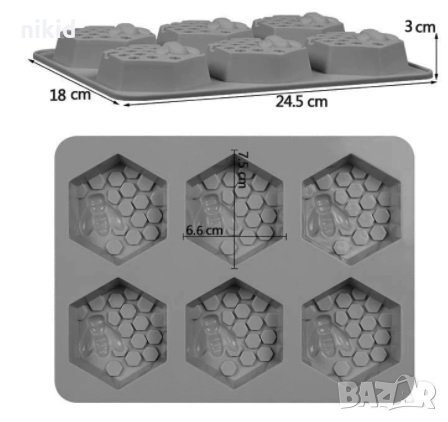 6 шестоъгълника пчелни килийки медена пита силиконов молд форма калъп за гипс сапун шоколад кексчета, снимка 2 - Форми - 31215024
