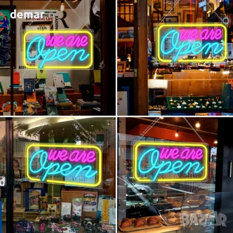 LED неонов надпис We Are Open, 42x23 см, USB захранване, (розово&синьо&жълто), снимка 6 - Лед осветление - 47512364