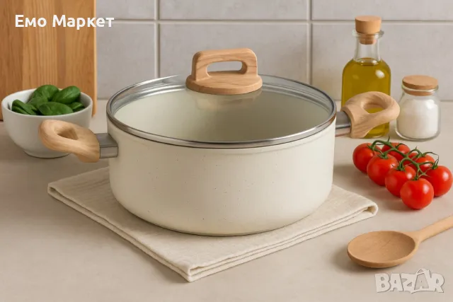 Тенджера Voltz Nice, Кован алуминий, Мраморно покр., Индукция, Кремав меланж, снимка 2 - Съдове за готвене - 50176680