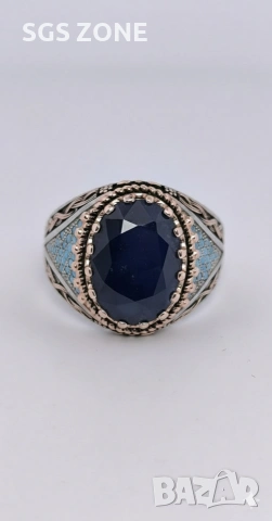 Сребърен мъжки пръстен от Тайланд със сапфири и опали, снимка 2 - Пръстени - 53073856