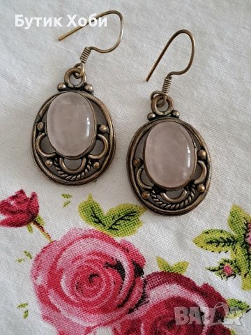 Ретро обеци с розов кварц, снимка 2 - Антикварни и старинни предмети - 42288989