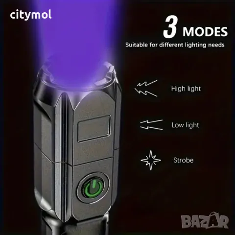 Ултравиолетов фенер, ZOOM функция, UV 395nm, LED, TYPE C зареждане, снимка 2 - Къмпинг осветление - 47627562