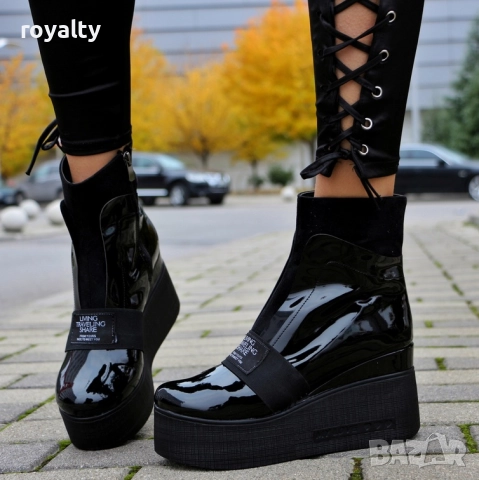 Боти на платформа - черен лак, снимка 3 - Дамски боти - 52162472