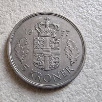  Монета. Дания.  5 крони .1977 година., снимка 1 - Нумизматика и бонистика - 39660322