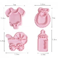 4 бр сет бебешки количка шише биберон боди лигавник резец с печат пластмасови форми за бисквитки , снимка 3 - Форми - 29996149