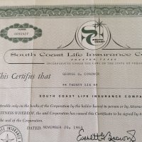 Сертификат за притежание на 26 акции (САЩ) | South Coast Life Insurance | 1963г., снимка 2 - Други ценни предмети - 34876308