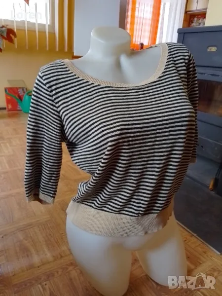 Блуза на светло кафеви и черни раета с три четвърт ръкав, снимка 1