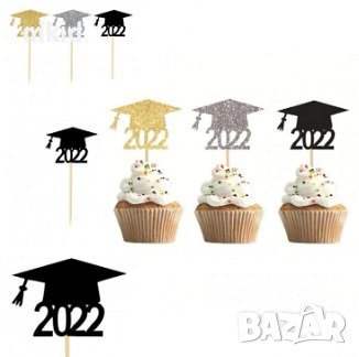 12 бр тога 2022 шапка дипломиране бал завършване брокатени топери клечки 3 цвята мъфини кексчета, снимка 1