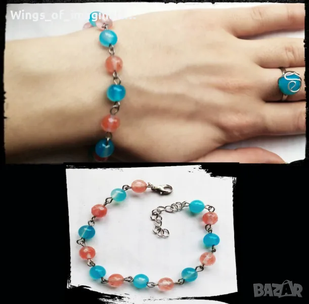 Гривна от Аквамарин и Розов кварц ръчна изработка, снимка 1