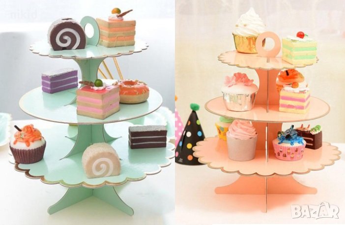 3 етажна Триетажна поставка стойка за мъфини картонена синя розова златен кант кексчета, снимка 1
