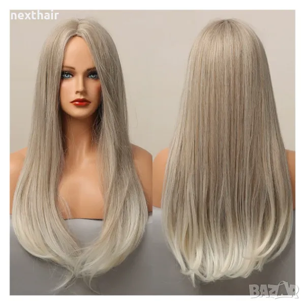 Пепеляво руса омбре перука с бели краища на път, снимка 1