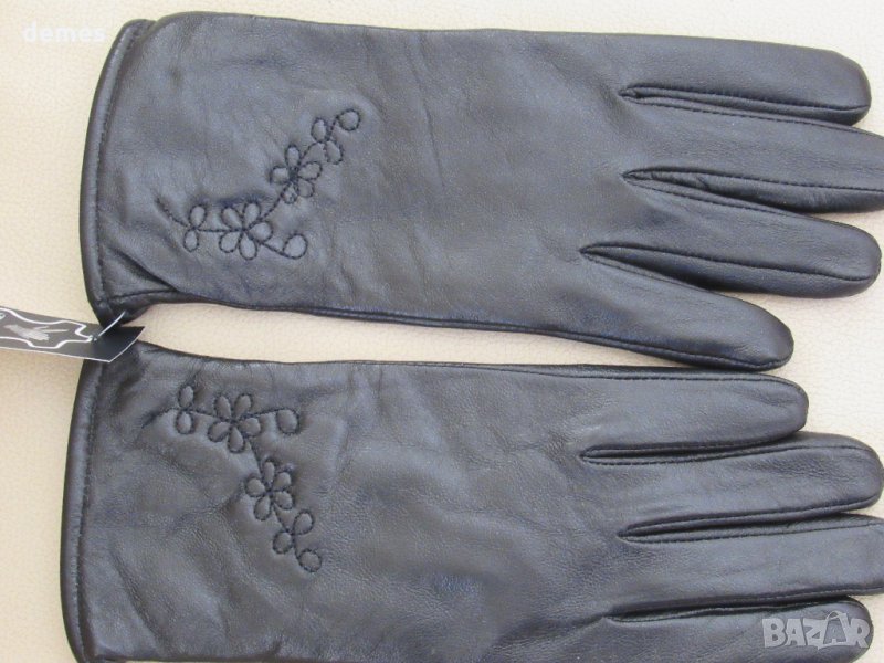 Черни дамски кожени ръкавици с подплата от естествена кожа, нови, снимка 1