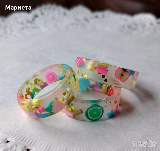 Цветен пръстен с плодчета и пръчици Сладък пръстен Пръстен от смола Ръчна Изработка , снимка 1