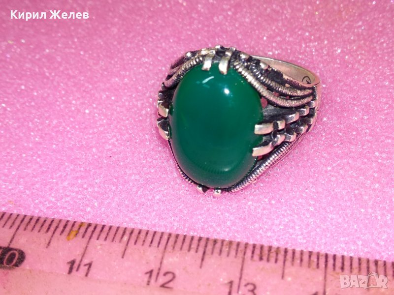 КРАСИВ СКЪПОЦЕНЕН АВТОРСКИ СРЕБЪРЕН ПРЪСТЕН СРЕБРО 925 с ШЛИФОВАН ХРИЗОПРАЗ и ПЕЧАТ на ЮВЕЛИРА 43354, снимка 1