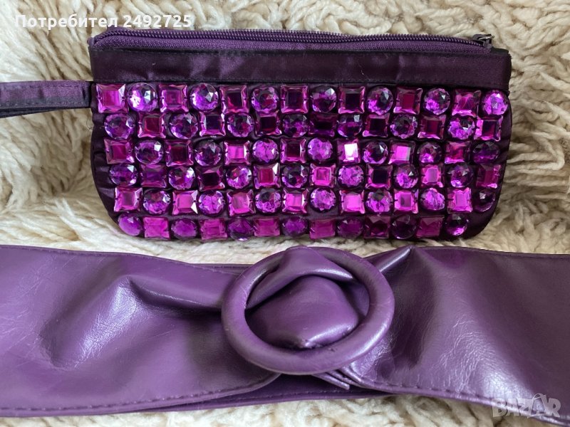✅комплект лилав- клътч с камъни и кожен колан, снимка 1