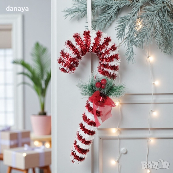 6140 Висяща коледна украса Захарно бастунче, 30 см, снимка 1