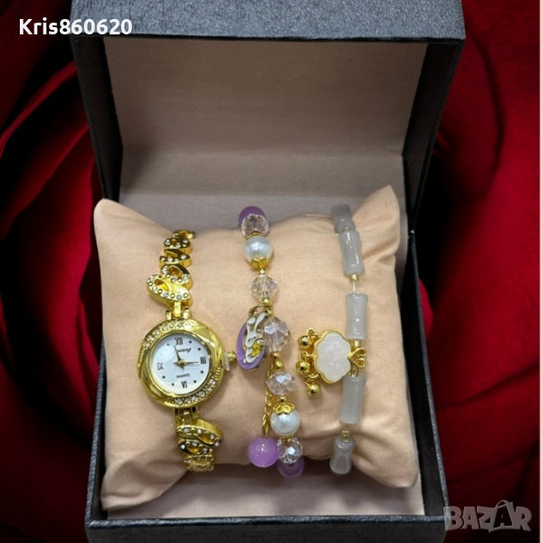 Елегантен дамски комплект аксесоари - часовник с камъни цирконии и 2 броя гривни с естествени камъни, снимка 1