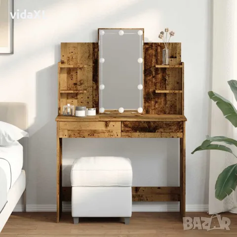 vidaXL Тоалетка с LED осветление Старо дърво 96x40x142 cm, снимка 3 - Тоалетки - 56148307