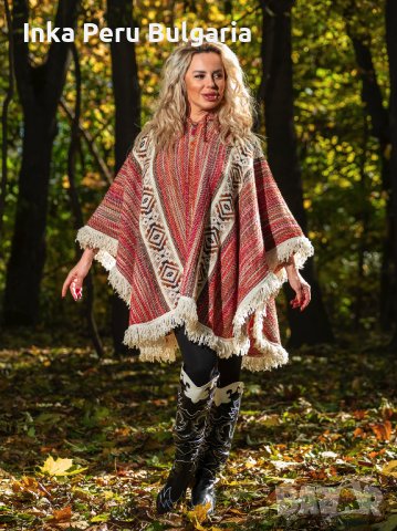 Автентичнo еквадорско унисекс пончо, 100% вълна, оранжево-червено, снимка 2 - Блузи с дълъг ръкав и пуловери - 40189932