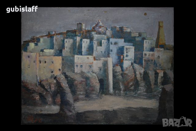 Стара огромна картина, градски пейзаж, Цв. Цветков,1982, снимка 2 - Картини - 31180718