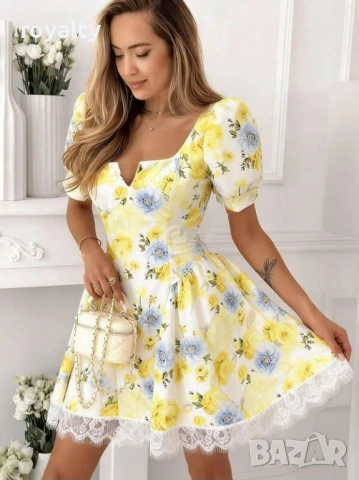 Нова Жълта Дамска Рокля с Цветя 