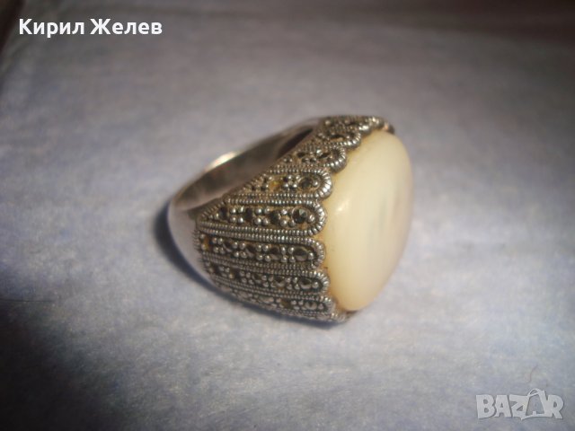 СКЪПОЦЕНЕН СРЕБЪРЕН БУТИКОВ ПРЪСТЕН СРЕБРО 925 с ОГРОМЕН ШЛИФОВАН МЛЕЧЕН БЯЛ ОПАЛ и МАРКАЗИТИ 32389, снимка 14 - Пръстени - 38342983