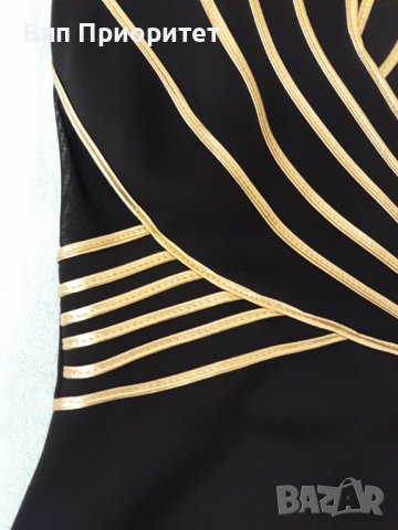 Бутикова рокля FERVENTE , черна с плътни и прозрачни сегменти /отстрани и на гърба/ + златни ивици, снимка 7 - Рокли - 37415384