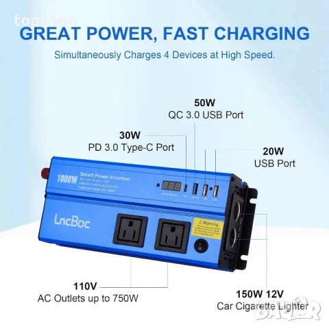 Чисто нов Инвертор LncBoc захранване за кола 1000 W DC 12 V към AC 220 V 240 V, снимка 4 - Аксесоари и консумативи - 51589027