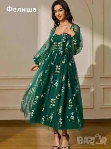 Луксозна Корсетна Бродирана Рокля в Изумрудено Кралско Зелен Цвят с Тюл и Богатство от Цветя , снимка 3 - Рокли - 50812085