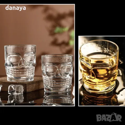 5585 Комплект от 6 броя стъклени чаши Череп, 290 мл, снимка 4 - Чаши - 48555393