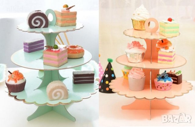 3 етажна Триетажна поставка стойка за мъфини картонена синя розова златен кант кексчета