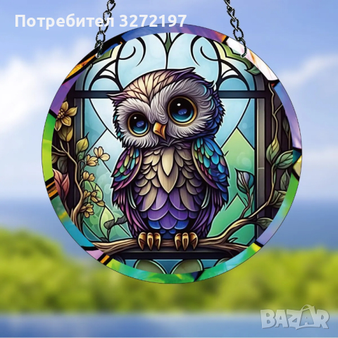 Кръгла акрилно рисувана декорация Сова, снимка 1