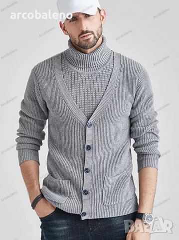 Мъжки пуловер с висока яка и тънка плетена жилетка, 3цвята - 023, снимка 2 - Пуловери - 38988632
