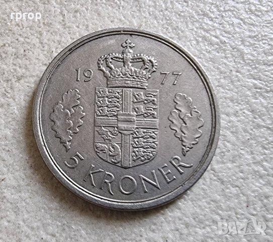  Монета. Дания.  5 крони .1977 година., снимка 1 - Нумизматика и бонистика - 39660322