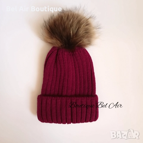 Зимна шапка с помпон от естествен косъм, зимна шапка, естествен пух, снимка 7 - Шапки - 52626049