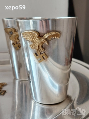 WW2-Немски посребрен сервиз подарен на летец офицер чаши,плато.сребро, снимка 2 - Антикварни и старинни предмети - 52287493