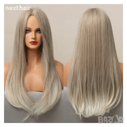 Пепеляво руса омбре перука с бели краища на път, снимка 1
