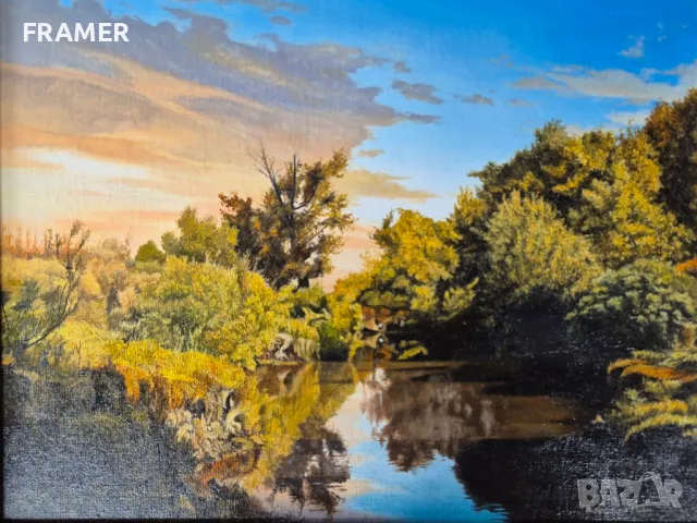 Петър Момчилов Залез край реката 2022г. Майсторски нарисувана картина, снимка 2 - Картини - 48296440