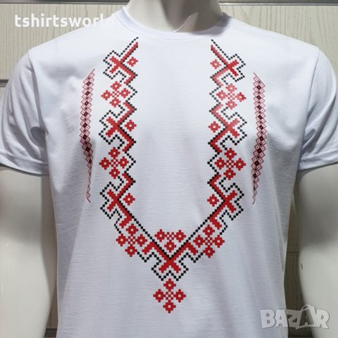 Нова мъжка бяла тениска с трансферен печат Шевица, Етно мотив, България, снимка 2 - Тениски - 31329081