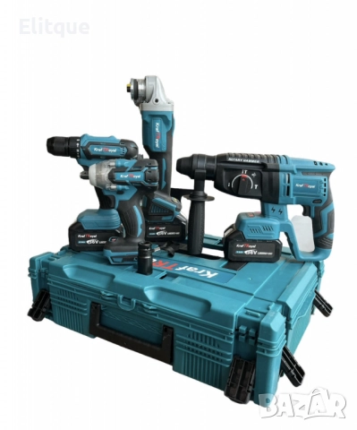 Комплект от акумулаторен перфоратор, ъглошлайф 125 мм, гайковерт и винтоверт 36V с 2 броя батерии 6A