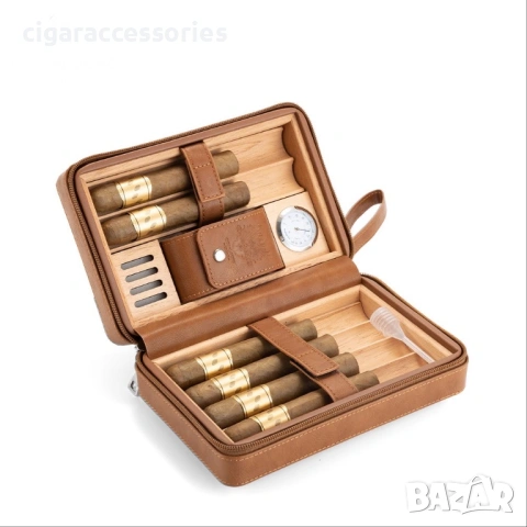 Преносим хумидор за 6 пури – естествена кожа, кедър, хигрометър, снимка 2 - Табакери - 54099056