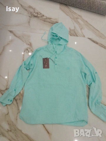 Мъжка риза с качулка ЛОРО ПИАНА минт цвят 75% лен 25% памук