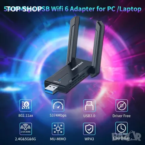 NEWFAST 5400Mbps WiFi Dongle Трибандов USB 3.0 WiFi 6E адаптер, MU-MIMO, WPA3, снимка 2 - Друга електроника - 49509110