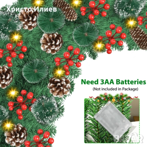 Коледен гирлянд с лампички шишарки и червени плодове окрасен 274см, снимка 4 - Декорация за дома - 54224232